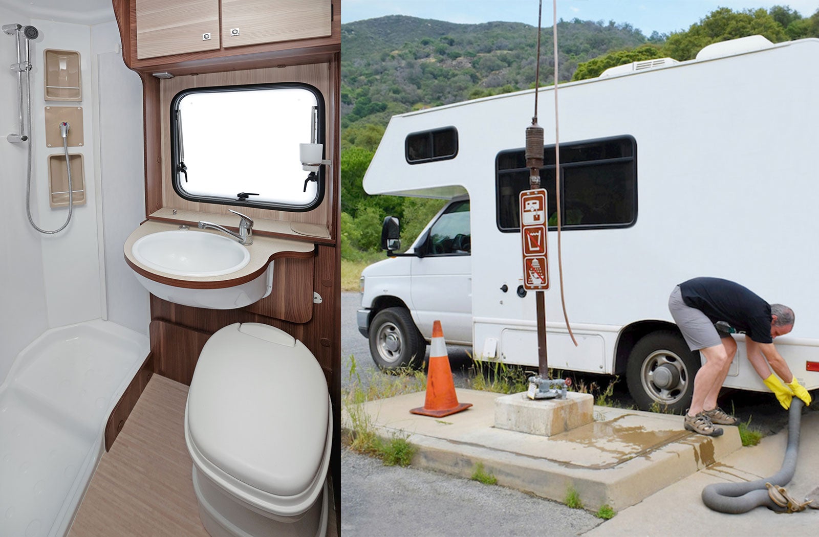 Portable RV/camper toilet and holding tank setup in Placentia, California