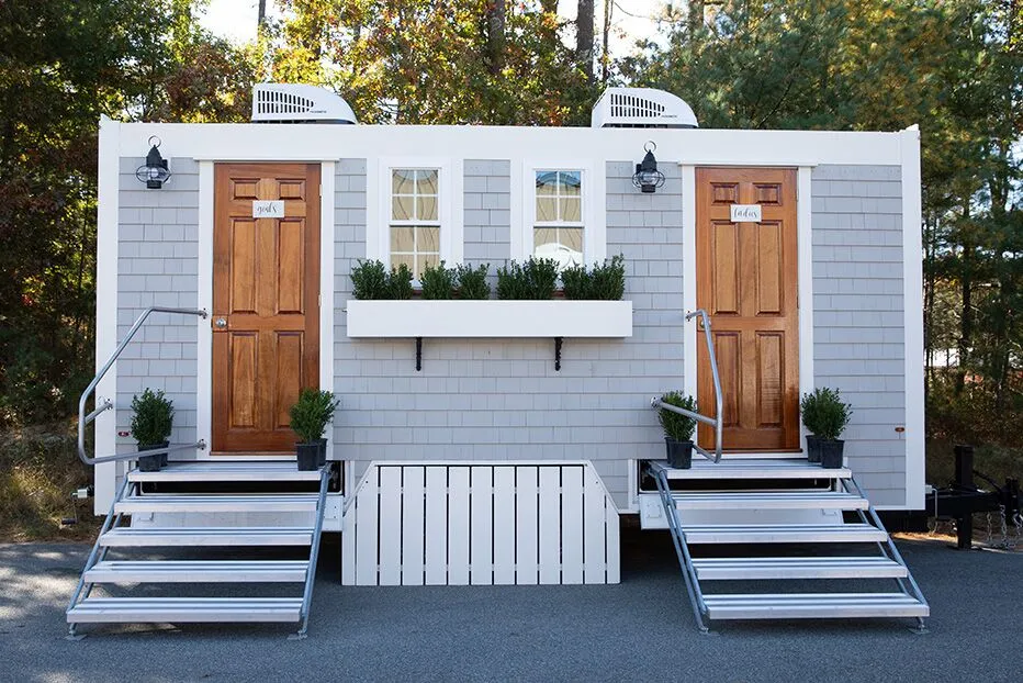 Wedding restroom units discretely staged at a venue in Placentia, California